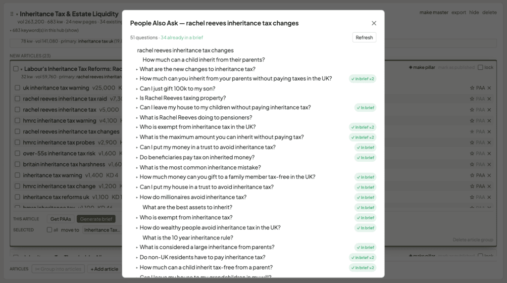 Content Engne People Also Ask window open for a specific keyword